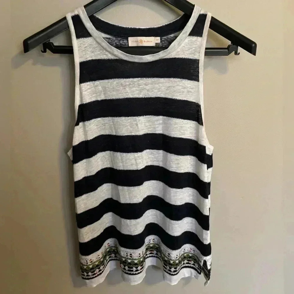 Tory Burch Black and White Striped Tank Top